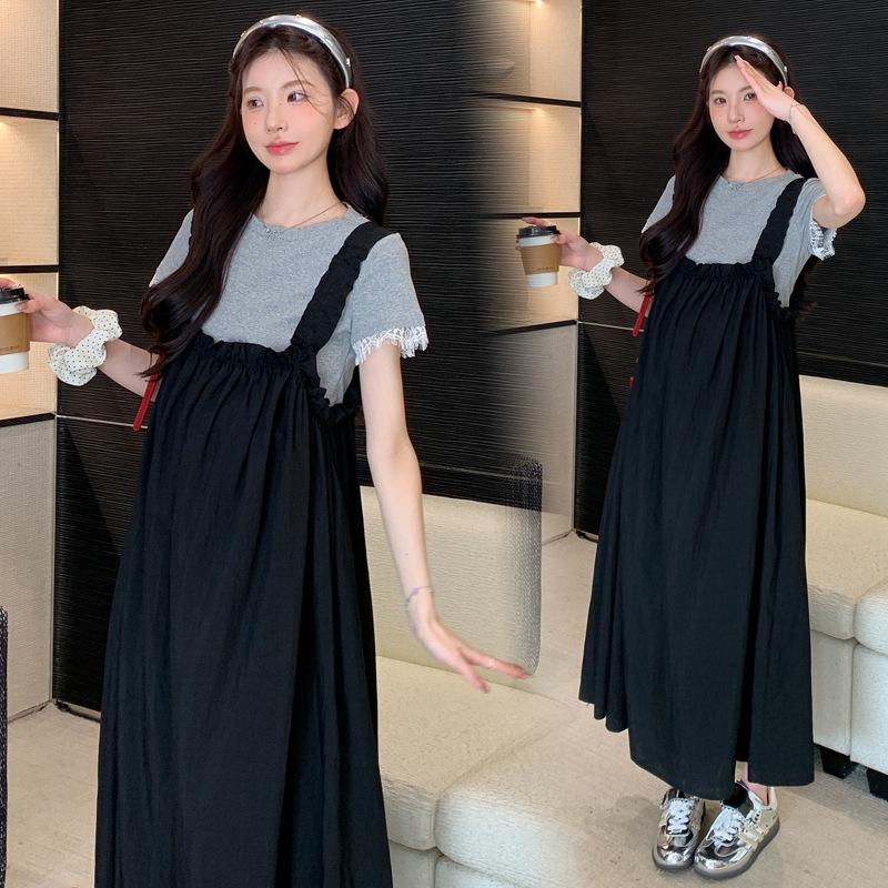 Summer 2026 Maternity Elastic Pleated Strap Dress & Lace Patchwork T-shirt Set
