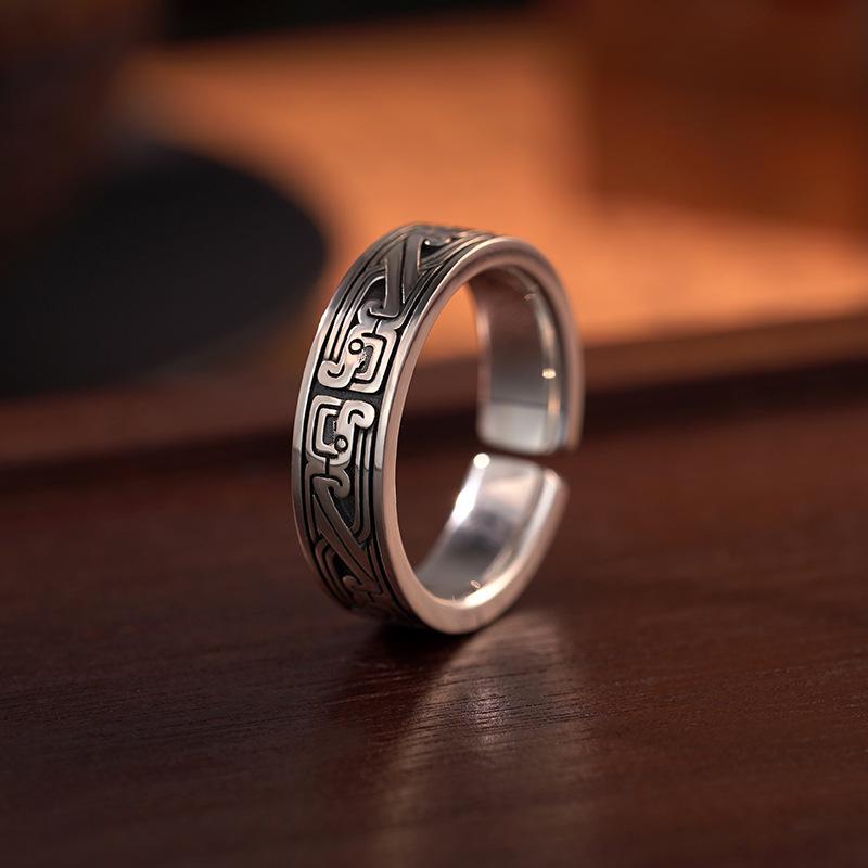 Yin Taifei Bronze Beast-Form Scroll Pattern Thai Silver Unisex Adjustable Ring - High-End Chinese Style National Trend