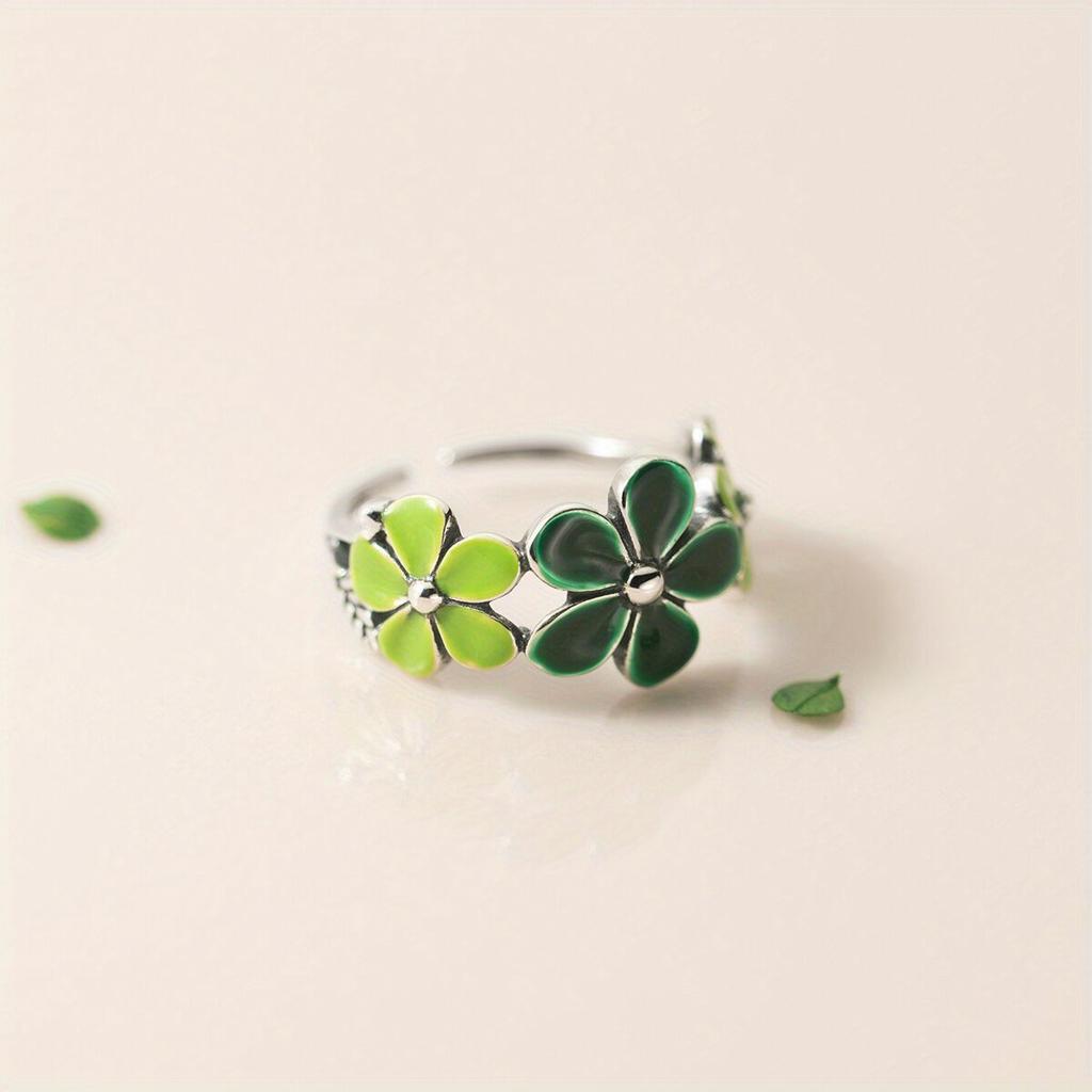 Silver Green Flower Leaf Ring, New Fashionable Rose Daisy Design, Open Design, Delicate Jewelry Item for Girls