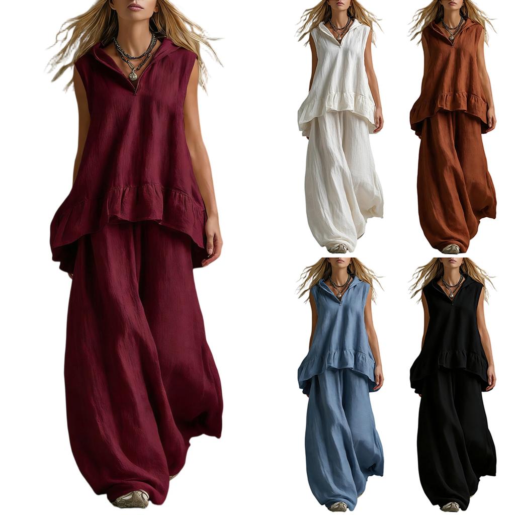 Sleeveless Casual Top and Wide Leg Pants Two Piece Set Lightweight Loose Fit Comfortable Summer Outfit for Women