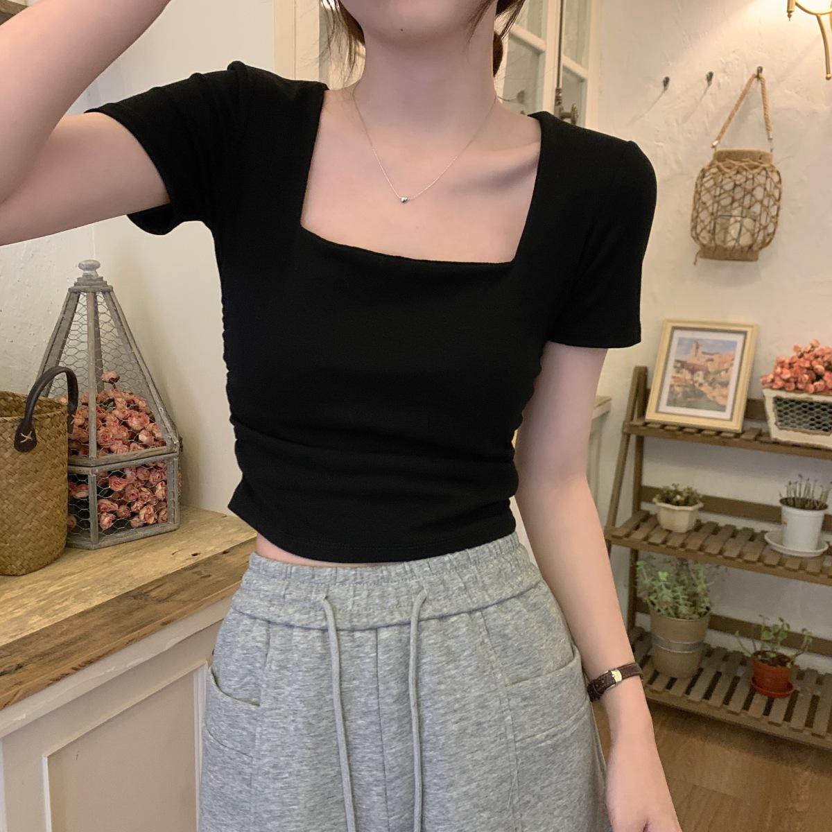 2026 Korean Style Slim Fit Pleated Square Collar Short-Sleeve Women s T-Shirt M чёрный