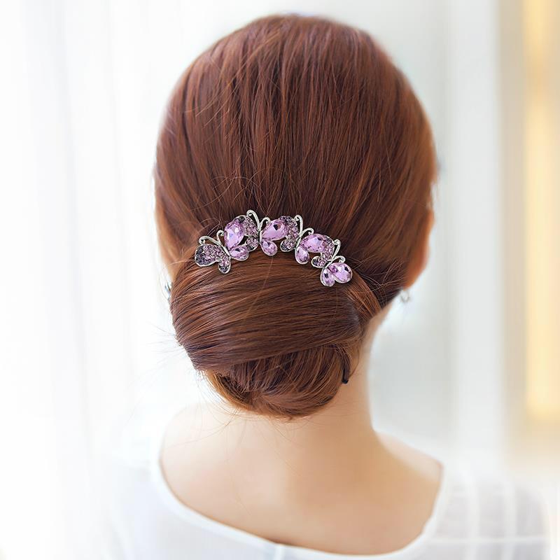 Korean Crystal Butterfly Alloy Four-Tooth Hair Comb - Elegant Updo Headwear Tool