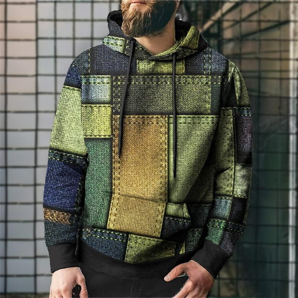 Retro Geometric Grid 3D Digital Printed Men's Personalized Trendy Hoodie Sweatshirt