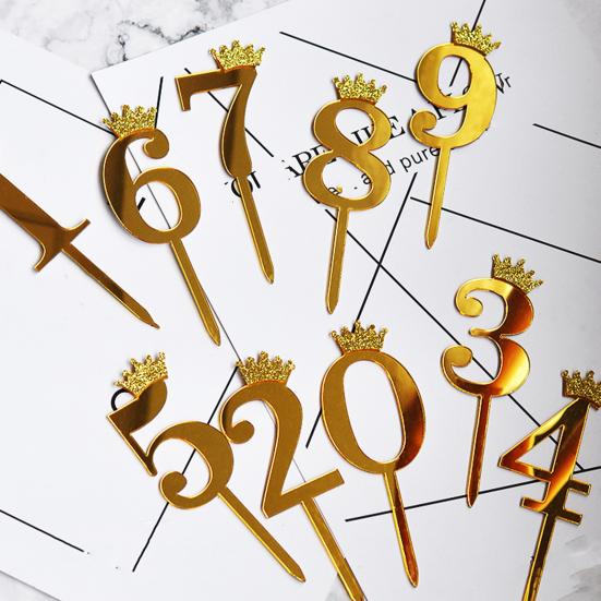 10 ks Zlaté lesklé číslo na dortové zdobení 0-9 Zlaté párátka s korunkou DIY zdobení cupcaků pro narozeninovou oslavu Svatbu Výročí