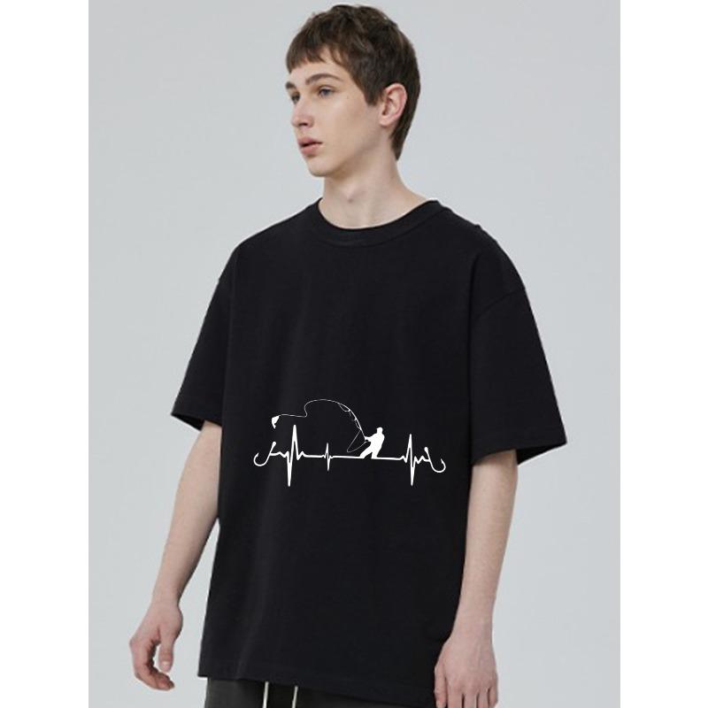 Black T-Shirt With Fishing Heartbeat Design For Outdoor Enthusiasts