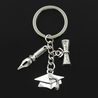Fashion 30mm Key Chain Keychain Jewelry   Graduation Bachelor Cap Vintage Ink Pen Nib Diploma Pendant