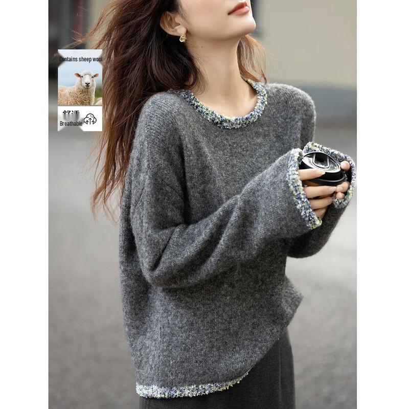 Demana Women's Color-Block Lamb Wool Blend Round Neck Knit Sweater