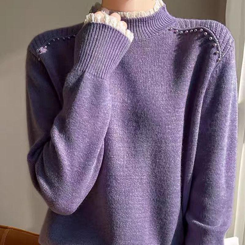 Women's Lace High Neck Wool Base Layer Sweater - Stylish & Warm Autumn/Winter Inner Wear.