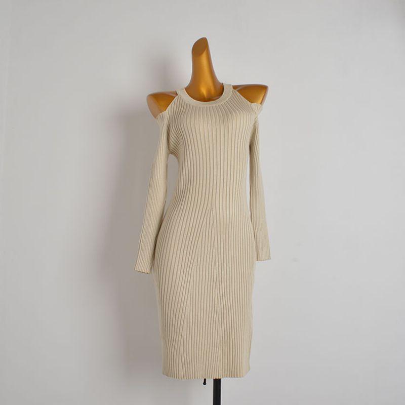 

Arrival Retro off-the-Shoulder Waist Fitted Figure Flattering Long Sleeves Knitting Dress Women s Clothing Mid Length Long Length Bottoming Hip Skirt Apricot color One size