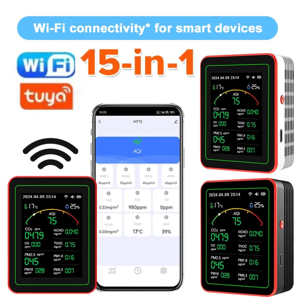 Tuya 15-in-1 WiFi Air Quality Detector AQI PM0.3 PM1.0 PM2.5 PM10 APP Control Portable CO CO2 TVOC HCHO Detector for Home