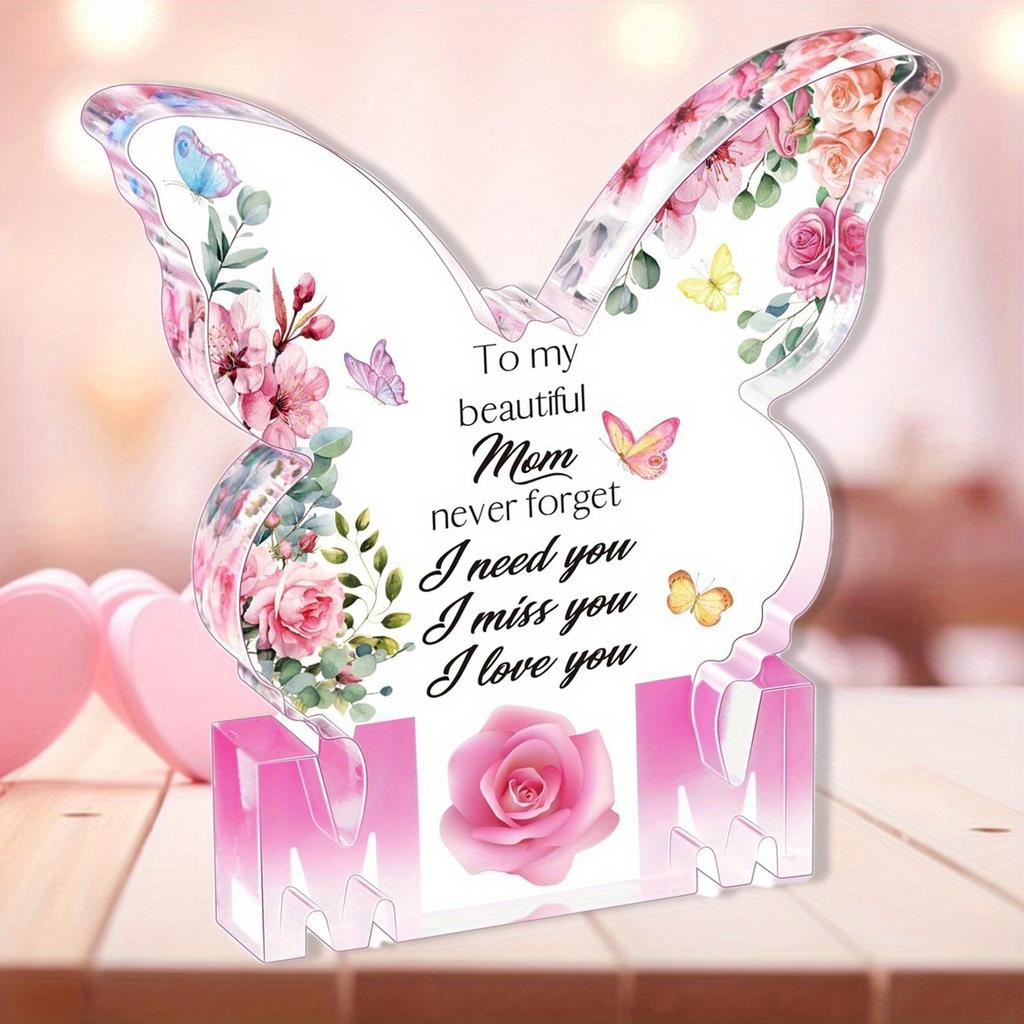 Mother's Day Butterfly-Shaped Acrylic Plaque with Floral Design & Heartfelt Message, Sentimental Gift for Mom, Mothers Day Decorations, Butterfly Mo
