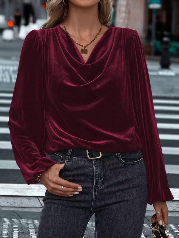 Autumn/Winter Women's Golden Velvet High Neck Puff Sleeve Top