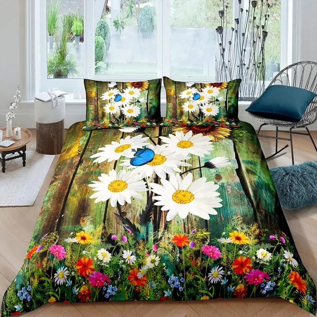 Sunflower Duvet Cover Set Full Size for Girl Yellow Flower Bedding Set Botanical Floral Comforter Cover on Teal Wood Quilt Cover