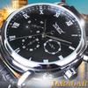 Men's Automatic Mechanical Watch Six Needle Roman Numerals Dial Genuine Leather Strap Week Date Business Watches