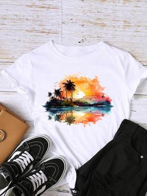 (Tamanho asiático) Camiseta amor estilo tendência Moda Mulher Estampa Dama Feminina Gráfico Casual Manga Curta Camisetas Camiseta Top Roupa