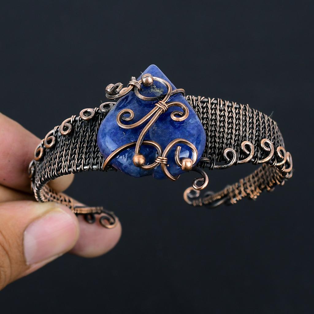 Sapphire Natural Gemstone Handmade Copper Wire Wrap Bangle Adjustable G7v41