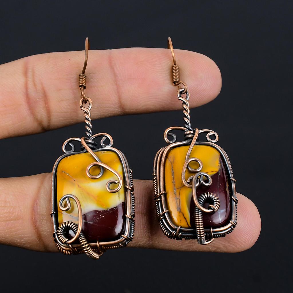 Boucles d'oreilles en Mookaïte Bijoux en Pierre Gemme, Boucles d'oreilles Enveloppées de Fil de Cuivre 999, Boucles d'oreilles de Bijoux Magnifiques Faits Main