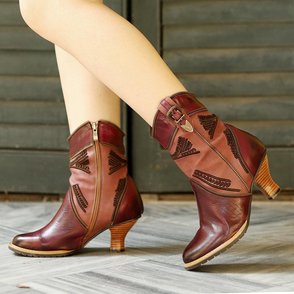 Johnature Fashion High Heels Shoes Genuine Leather Exquisite Embroidery Zipper Edge Women's Short Boots