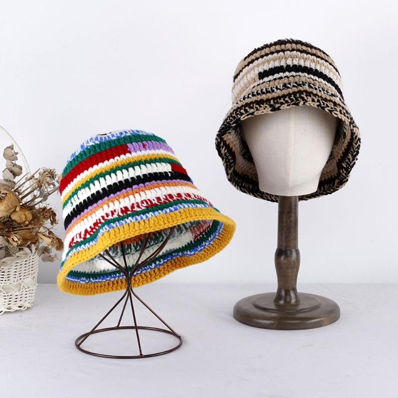 Popular Female Hat Knitting Bucket Hat Handmade Crochet Rainbow Fisherman Hat Women Girl Photo Beanie Warm Striped Cap