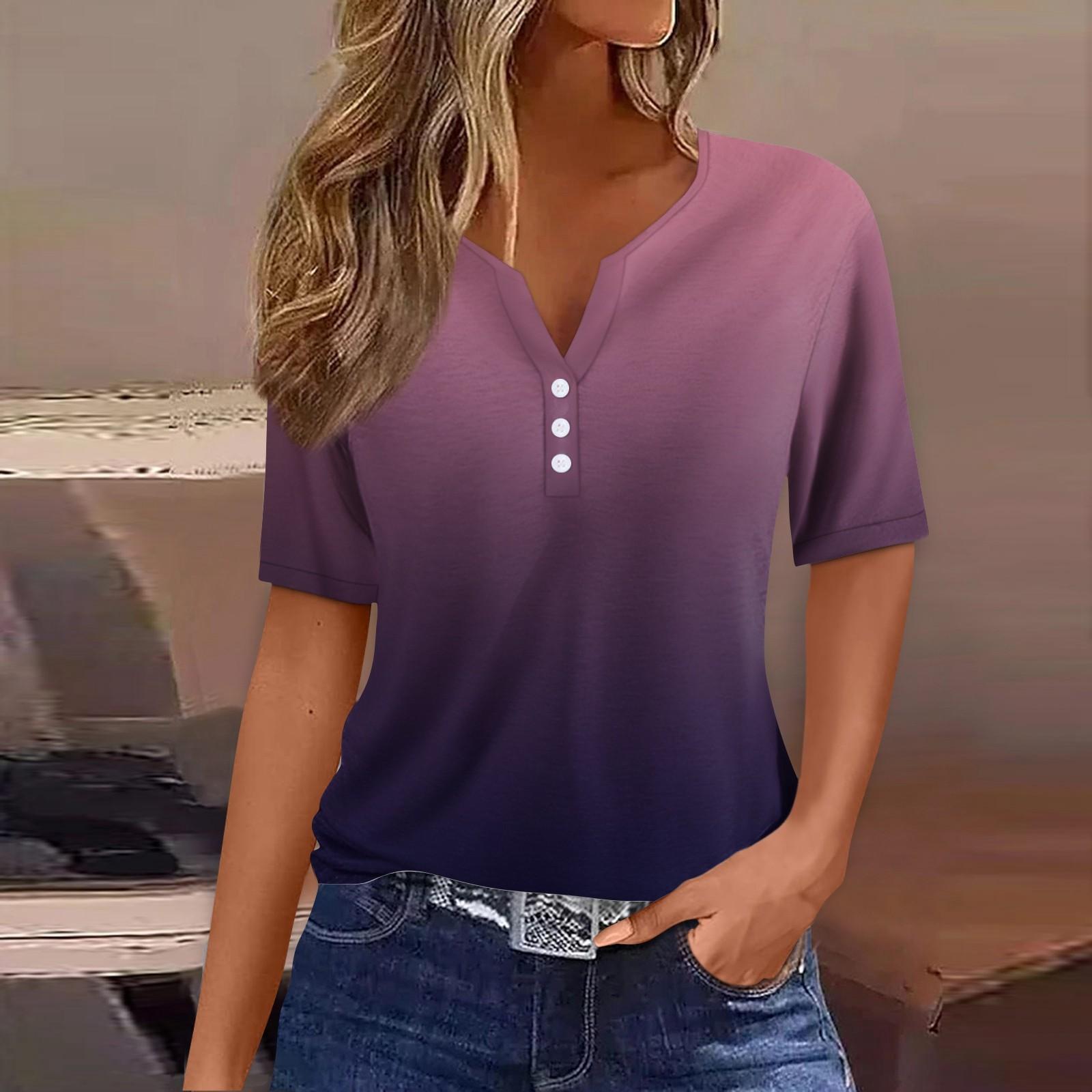 

Жен. Футболка Футболка С принтом Пуговицы С короткими рукавами Повседневные Выходные Мода Классический V-образный вырез Обычный Верх L темно-фиолетового