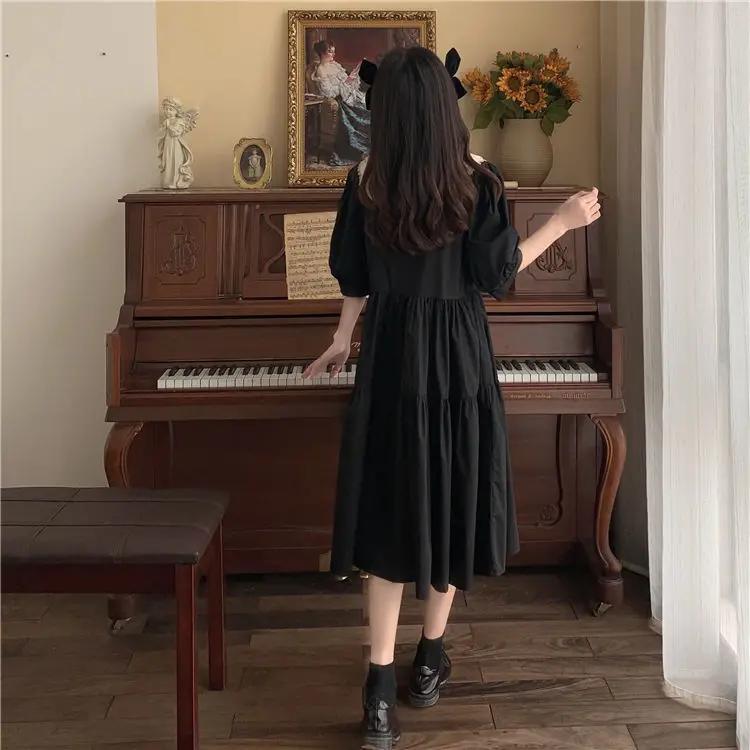 Tatlı Lolita Elbise Kadın Kawaii Zarif Vintage Elbiseler Bahar Tatlı Sevimli Puf Kollu Tiki Tarzı Sundress Moda Elbise