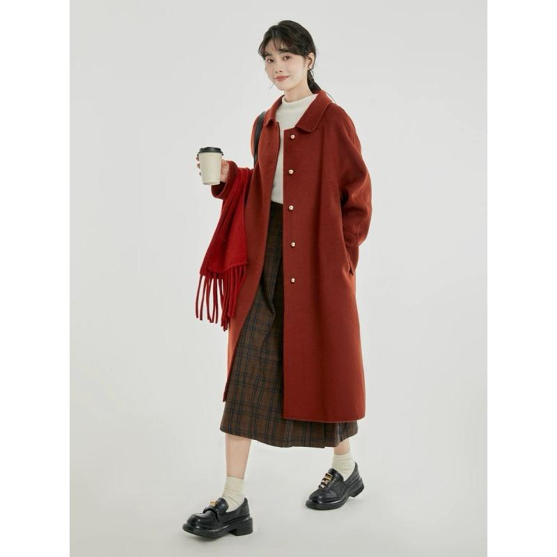 Winter Fashion Red Wool Coat Women Loose Mid Long Simple Elegant Premium Tweed Jacket