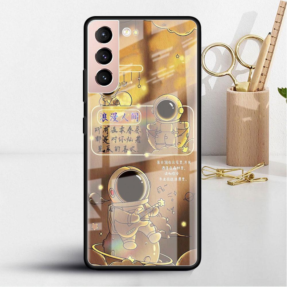 Glass Case For Samsung Galaxy S22 S20 FE S21 5G S10 S9 Plus Note 10 20 Lite Tempered Phone Cover Astronaut Cartoon