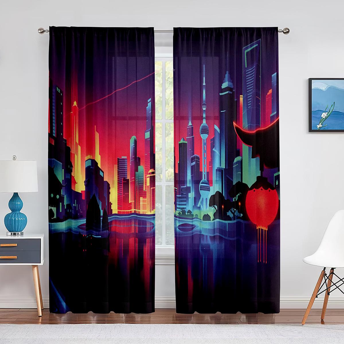 

Панк Ночной городской пейзаж Фиолетовый неоновый тонкий тканевый занавес для гостиной, спальни, занавески для кухни, шторы для дома (W50cmxH50cm)x2&Grommet Top