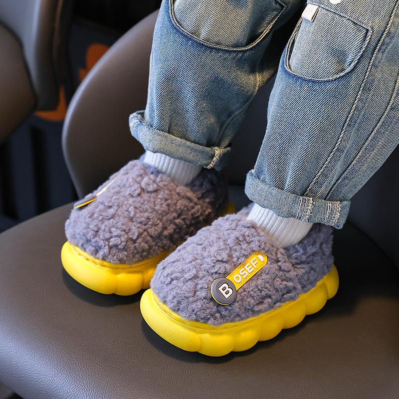 Children's cotton slippers Boys bag heel cotton shoes Winter new velvet warm cotton drag boys non-slip wool slippers