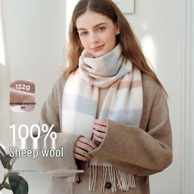 Женский шарф-шаль из чистой шерсти в клетку 164x32cm