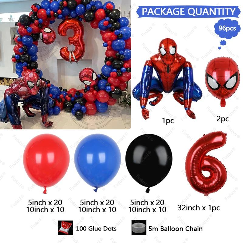 96pcs Kids Birthday Red Blue Balloons Garland Arch Kit For Party Decors Age 1-9th Spiderman 3D Marvel Foil Balloons Air Globos
