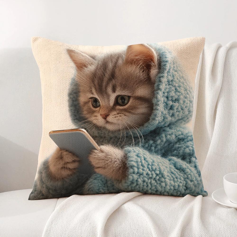 Cute Kitten in Hoodie Cushion Cover Natural Linen Organic Fabric DoubleSided Printing Sofa Home Decor Breathable Bed Pillow