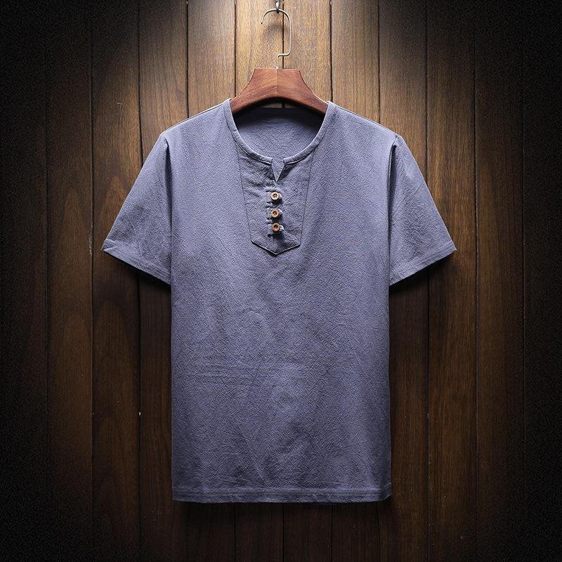 Men's Summer 2026 Cotton Linen Two-Button Short Sleeve T-Shirt - Soft & Breathable