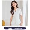 Women's Navy Blue Short-Sleeved Collarless Suit Set - Summer Workwear for Jewelry Shop Sales.