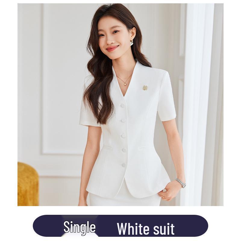 Women s Navy Blue Short-Sleeved Collarless Suit Set - Summer Workwear for Jewelry Shop Sales. S