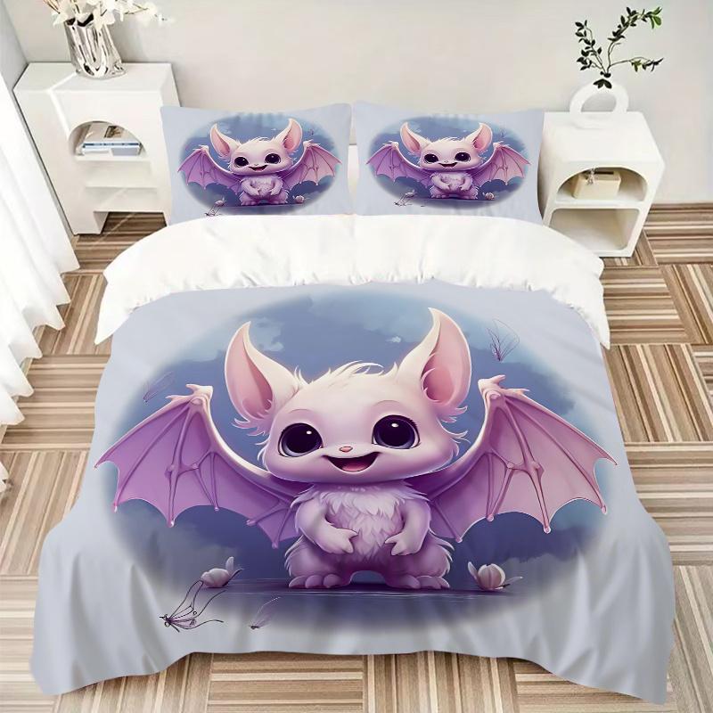 3pcs Cute Purple Bat Quilt Cover Set - Soft and Cozy Bedroom, Guest Room and Dorm Decorative Bedding 3-Piece Set 1 Quilt Cover + 2 Pillow Shams.H