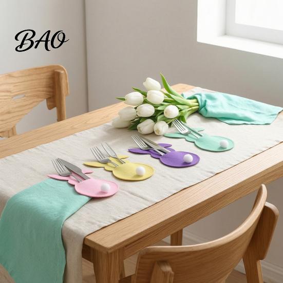 Easter Dinner Table Decor 4 Pcs Bunny Cutlery Holders, Felt Tableware Pouch Bags, Cute Rabbit Utensil Holiday Party Supplies Sleeve, Spring Fork Spoon