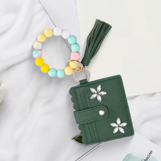 RFID Shielded Card Holder with Rhinestone Flower And Beads Decor Women Wristband Wallet Keychain Faux