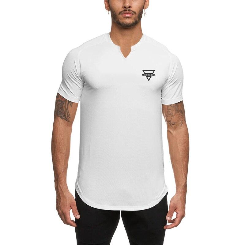 Muscleguys Fashion V-neck Casual Printed Short Sleeve T-shirt  Fitness Training Muscle Slimming Tops