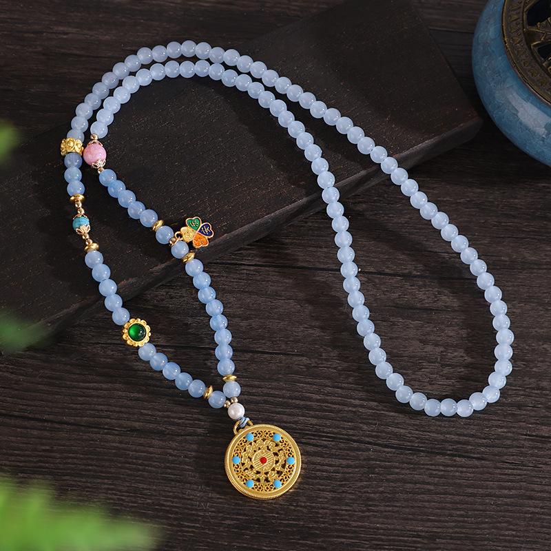 Chinese Style Pearl Necklace Hanfu Accessory Zinc Alloy Hollow Carved Pendant Long Chain Necklace