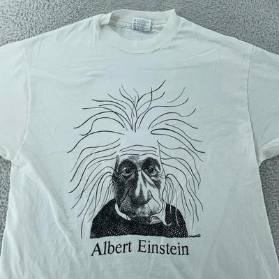 Maglietta Artistica Vintage Albert Einstein Uomo Taglia Media Bianca Fumetto Scientifico T-shirt USA Anni '90