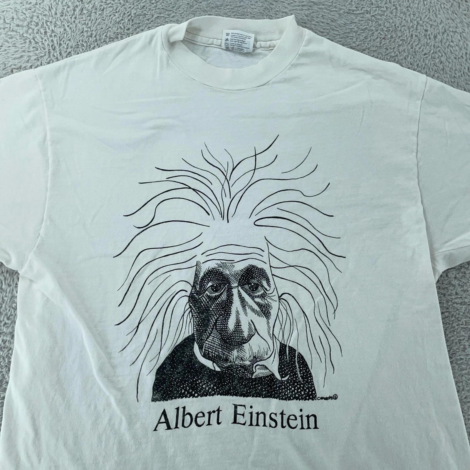 

Vintage Albert Einstein Art Shirt Mens Medium White Science Cartoon Tee USA 90s S
