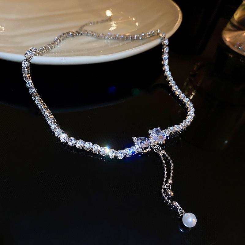 Korean super flash diamond bow tassel necklace fashion personality collarbone chain necklace women