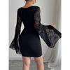 Women's Skirt Flared Sleeve Split Split Solid Color Lace Splicing Square Neck Slim Hip Wrap Dress
