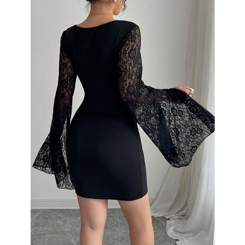 Women's Skirt Flared Sleeve Split Split Solid Color Lace Splicing Square Neck Slim Hip Wrap Dress