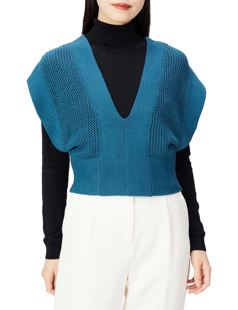 N Natural Beauty Mesh Knit Size M Basic Women's V-Neck Vest, Blue,