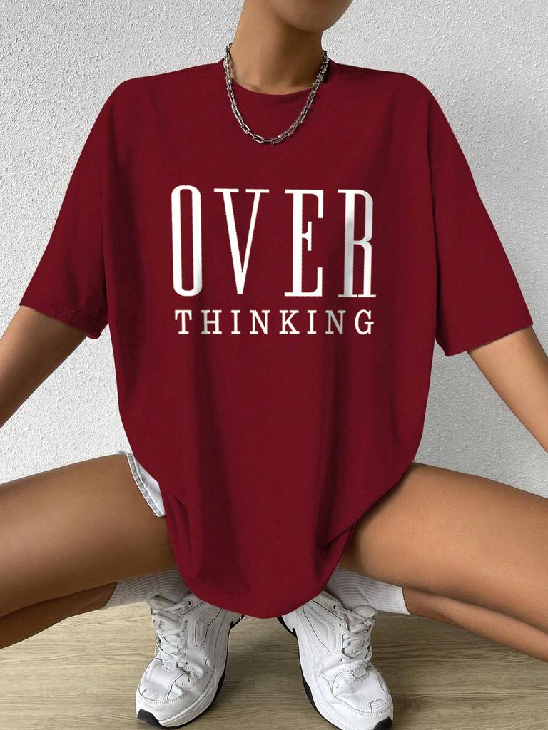 Over Thinking Letter Print Women Cotton Short Sleeve Breathable Vintage ONeck Tops Allmath Casual TShirts Female Tee Clothing