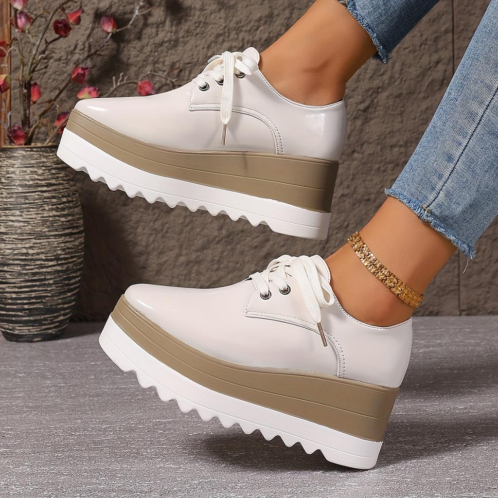Scarpe con Plateau e Punta Quadrata Stile Britannico per Donna Suola Spessa Rialzanti Snella Antiscivolo Leggere Scarpe All-Match con Lacci
