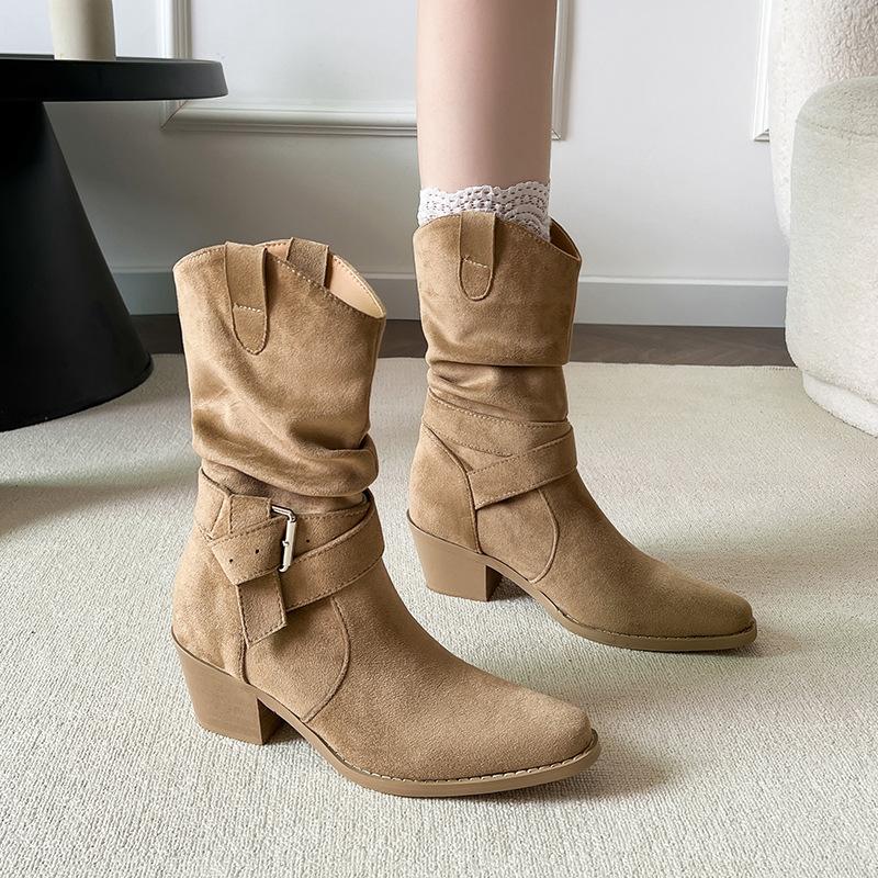 Inner Height Increase~ Short Boots Coarse Heel Frosted Western Boots Ins Trendy High Heel Pile Boots Skinny Versatile Folded Knight Boots