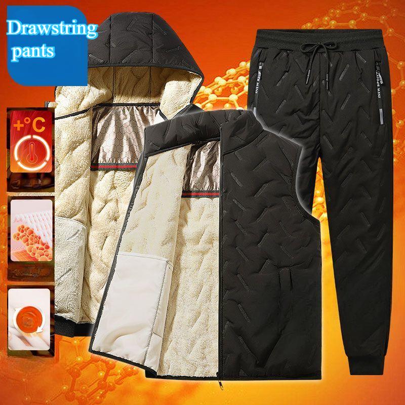 

Three-piece Plus Velvet Hooded Heating Cotton-padded Jacket Men s Winter Lamb Fleece Cotton-padded Trousers Vest Middle-aged and Elderly Suit S